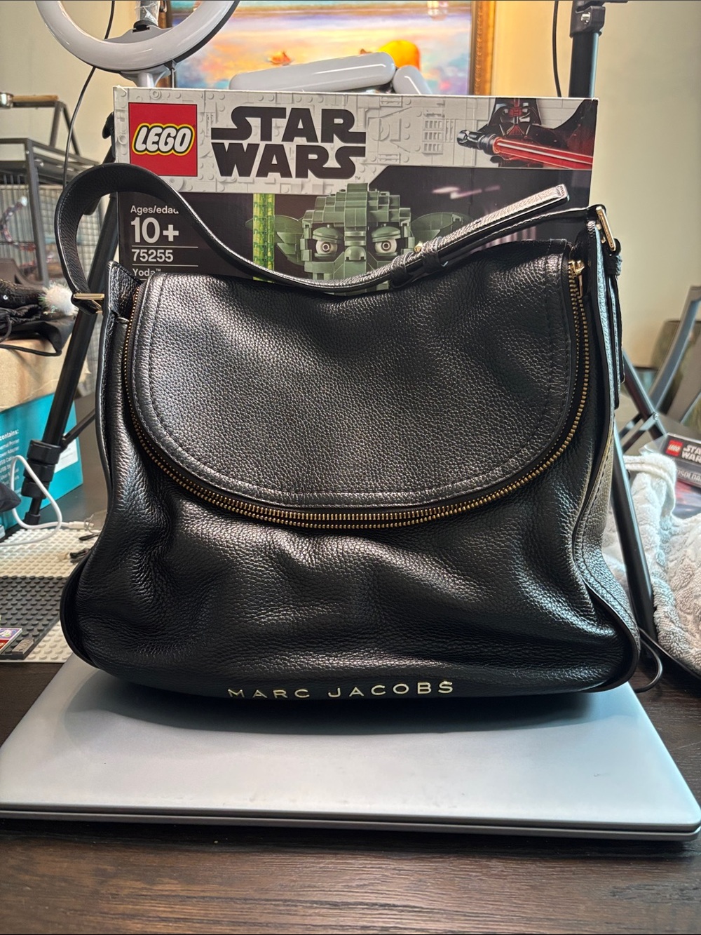Marc Jacobs Black Pebbled Leather Hobo Shoulder Bag with Gold Hardware